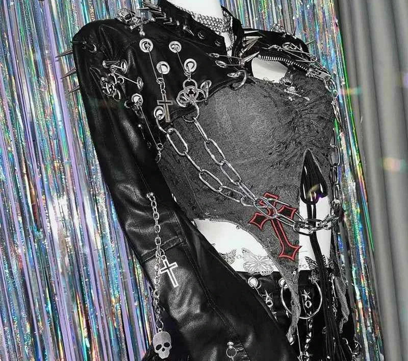 Harajuku Women Gothic Lolita Streetwear Y2K Girl Steampunk Rock and roll  Spike Trim Crop Tops Rivet Metal Chain pu Blazer coat