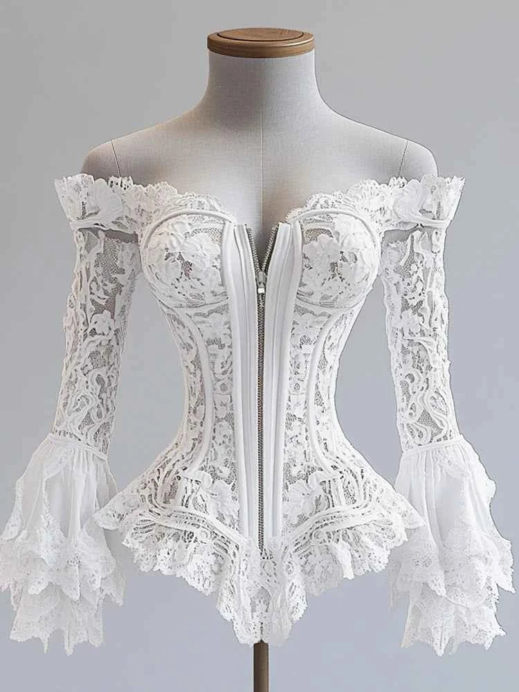 Off Shoulder Lace Blouse for Women Flare Sleeve Zipper Fly Solid Elegant Chic Sexy Hollow Out Long Sleeve Tops Irregular Hem Top
