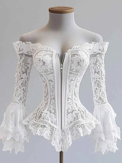 Off Shoulder Lace Blouse for Women Flare Sleeve Zipper Fly Solid Elegant Chic Sexy Hollow Out Long Sleeve Tops Irregular Hem Top