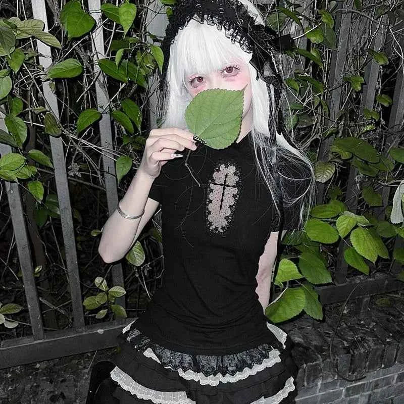 Women Cross Hollow Out T-shirt Gothic Long Sleeve Turtleneck Top Punk Alt Goth Style Clothing Black Blue Y2K Sleeveless Shirt