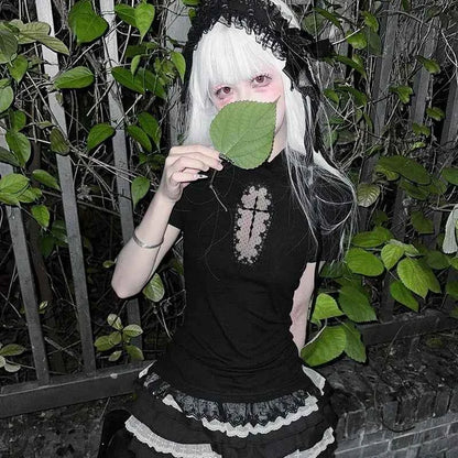 Women Cross Hollow Out T-shirt Gothic Long Sleeve Turtleneck Top Punk Alt Goth Style Clothing Black Blue Y2K Sleeveless Shirt