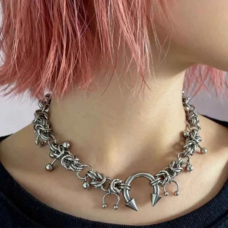 Punk Fashion Stainless Steel Rivet Horseshoe Ring DIY Pendant Necklace for Women Cool Fashion Goth Jewelry Grunge Choker
