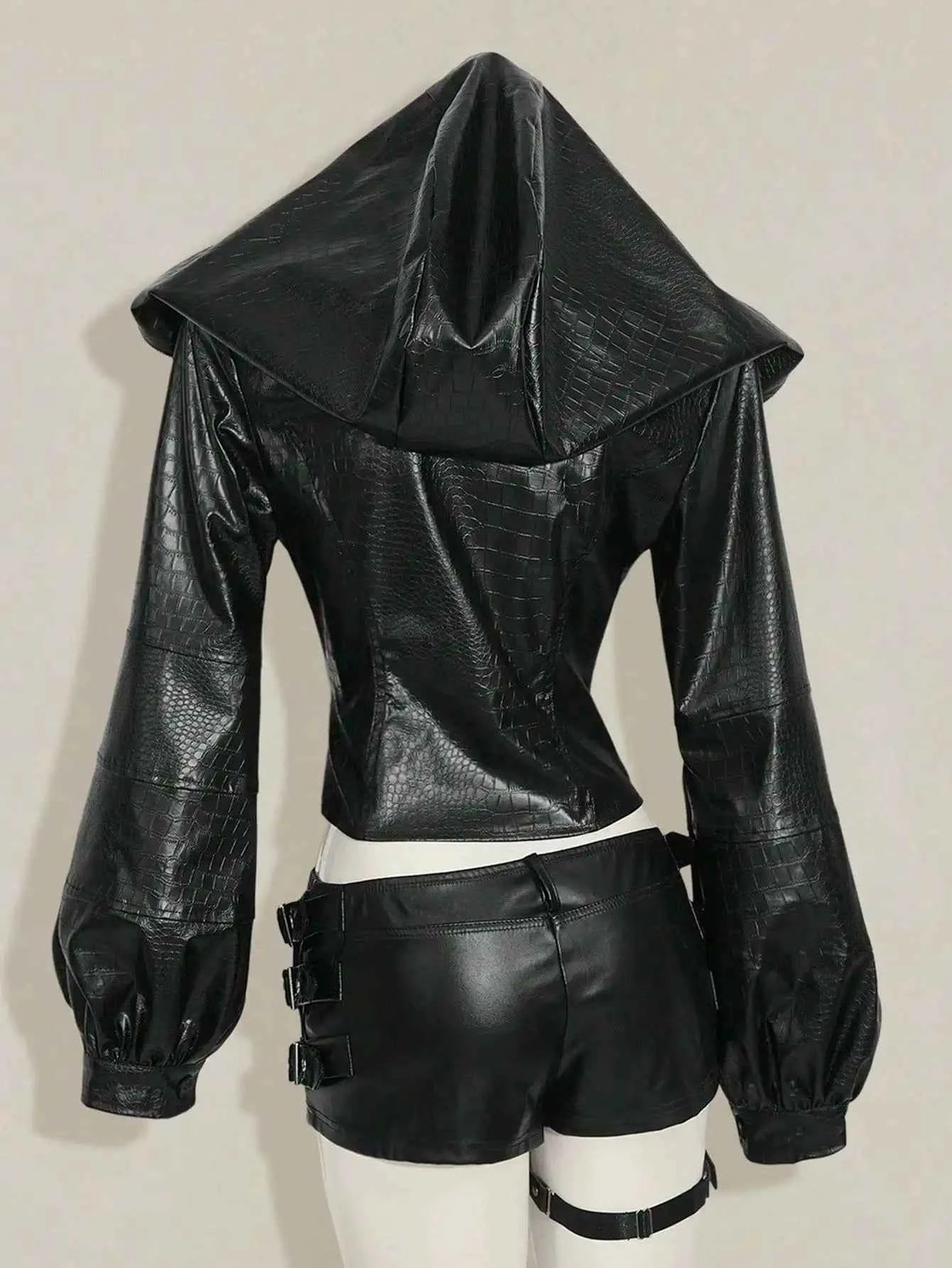 Women's Gothic Punk Hooded PU Leather Jacket with Corset Waist, Zip-Up Front & Spiked Collar for Fall/Winter