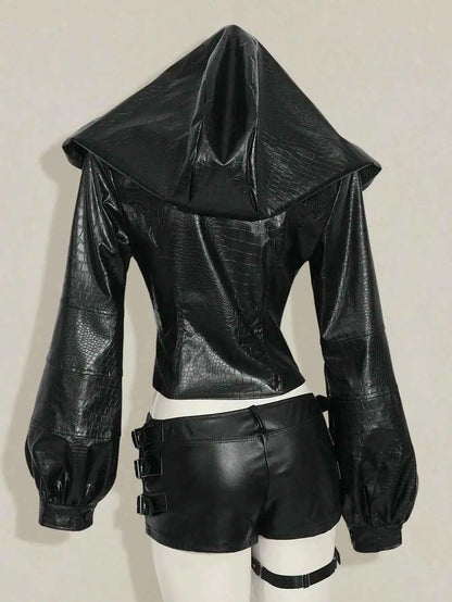 Women's Gothic Punk Hooded PU Leather Jacket with Corset Waist, Zip-Up Front & Spiked Collar for Fall/Winter