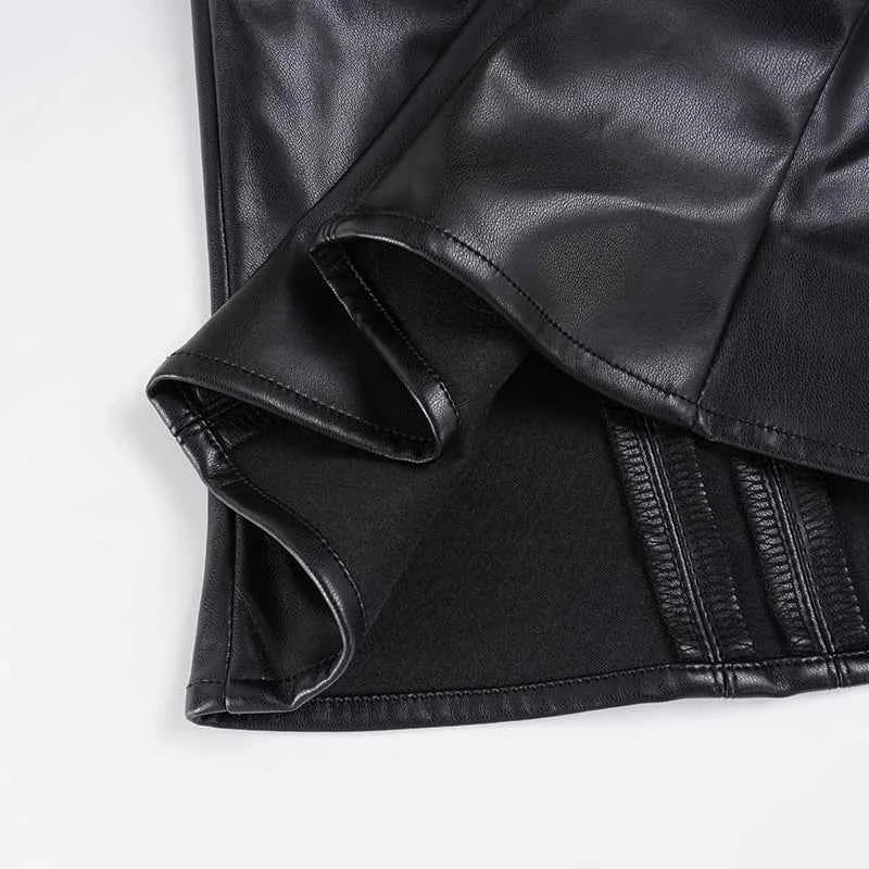 SUCHCUTE Retro Punk Pu Leather Vest With Sleeve Cover Women Gothic Black Sleeveless Turtleneck Top Y2k Metal Decorative Clothing