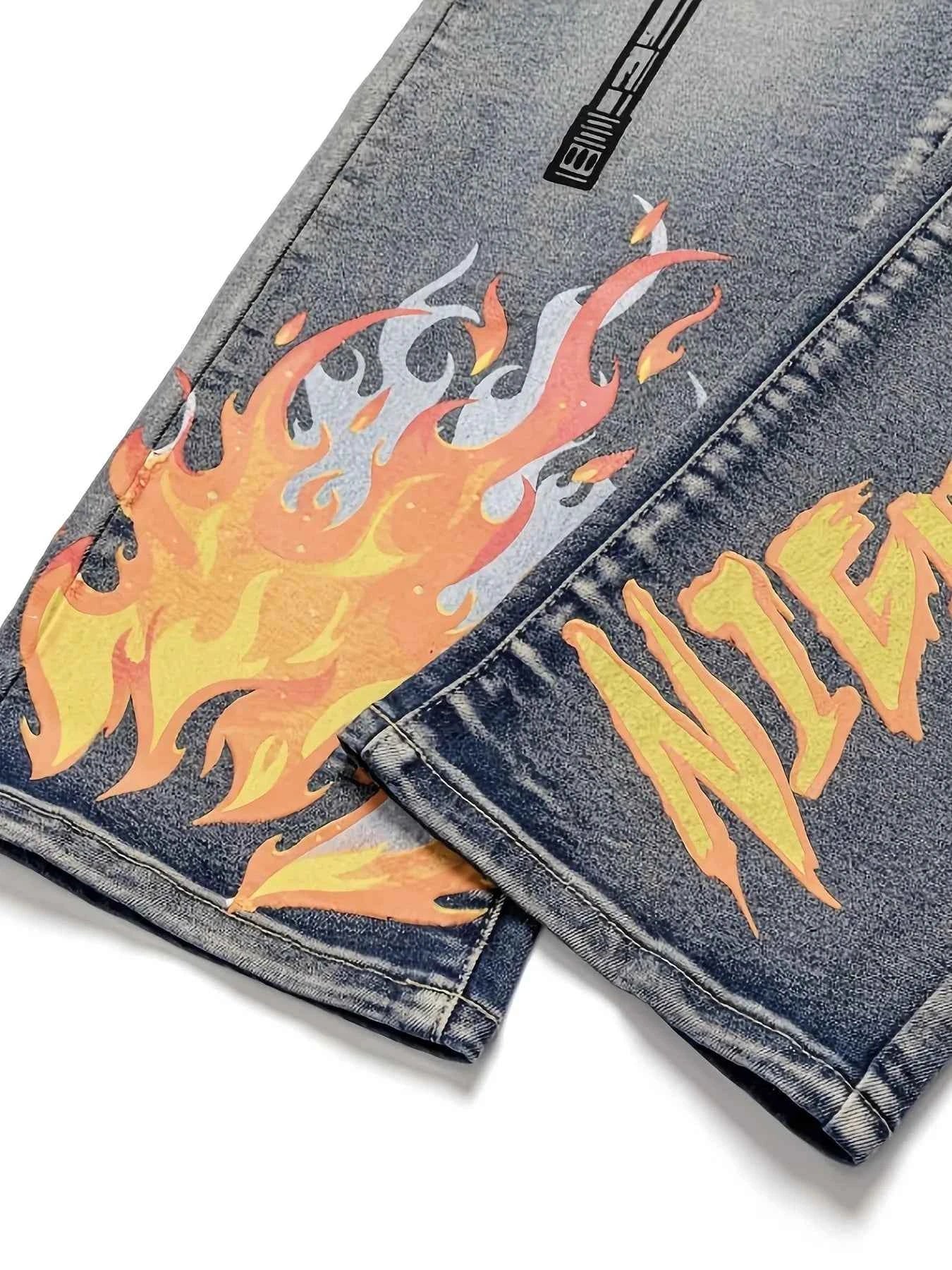 New M4 Wolf Head Flame Print Y2K Full Sweep Retro Trend Straight Jeans