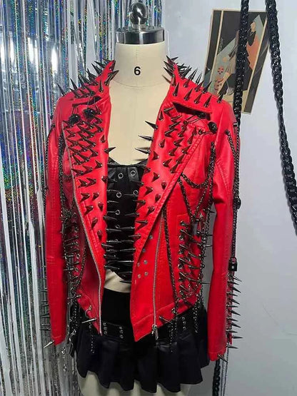 Club Wear Spike Studded Rivet Coat E-Girls Punk Rock Goth Emo Gothic Y2K Pu leather Jacket Harajuku Grunge Chain Zipper