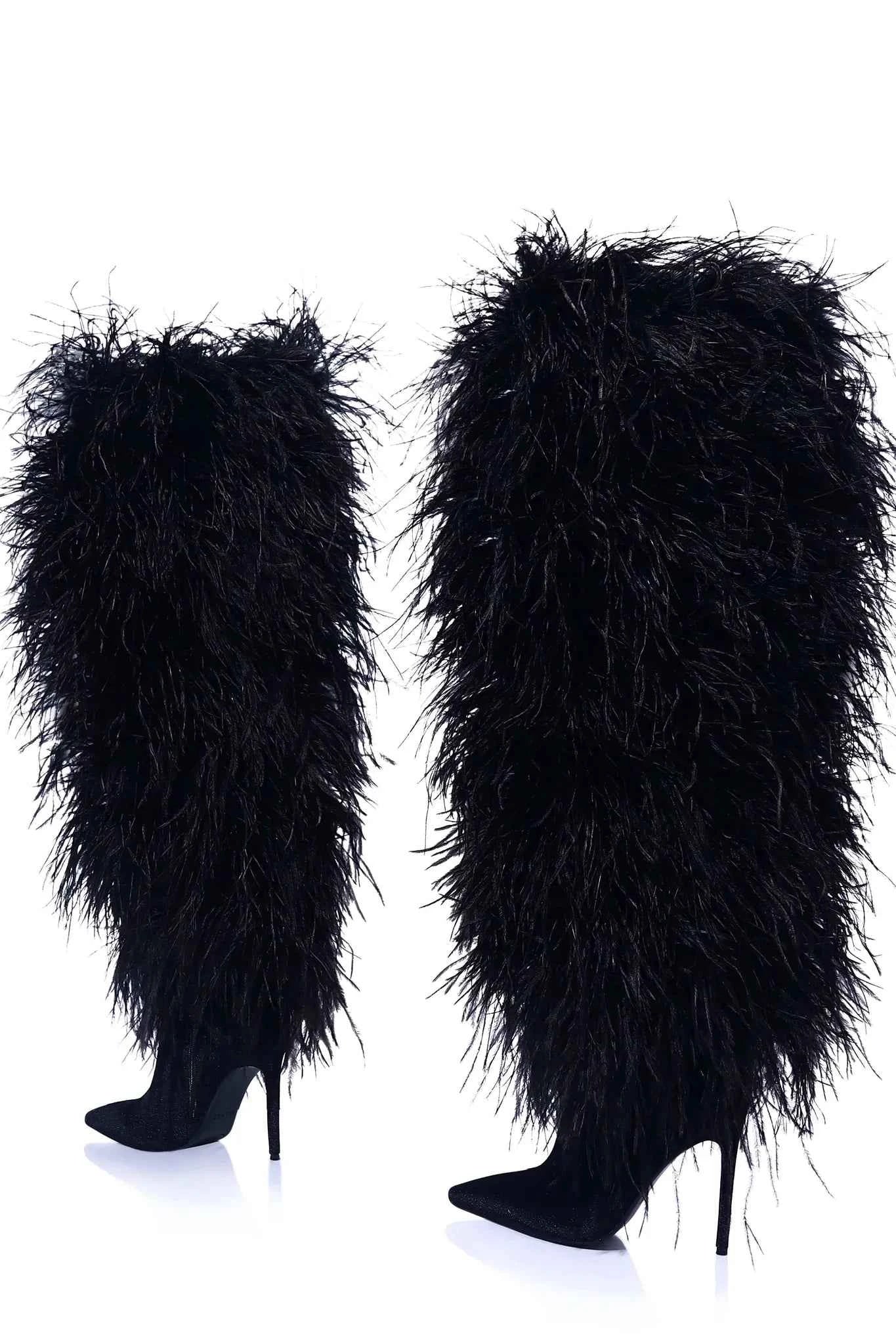 Hot Pink Feather Stiletto Heel Over-the-Knee Boots Plush Fluffy Feather Trim Bold Vibrant Hue Pointed-Toe Edgy Clubwear Looks