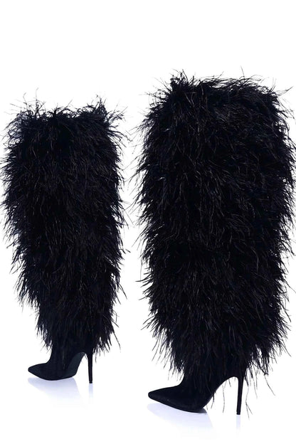 Hot Pink Feather Stiletto Heel Over-the-Knee Boots Plush Fluffy Feather Trim Bold Vibrant Hue Pointed-Toe Edgy Clubwear Looks