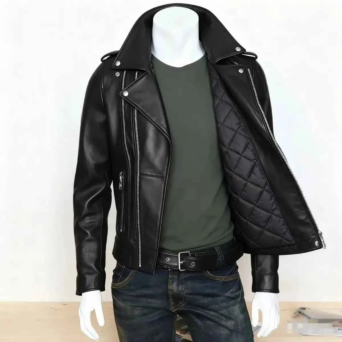 Winter and Autumn Men's Oversized Button-down PU Leather Coat with Multiple Zippers Polo Jacket, with Many Zippers