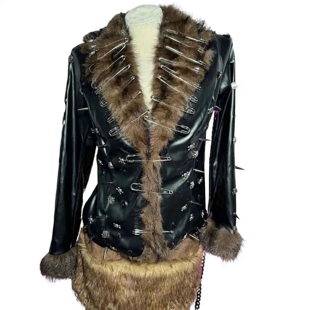 Hip Hop Teen E-Girls Emo Grunge Goth DIY Club Wear Hand Made Punk Rock Studded Y2K Vegan Leather Faux Fur Jacket Coat Pin