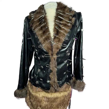 Hip Hop Teen E-Girls Emo Grunge Goth DIY Club Wear Hand Made Punk Rock Studded Y2K Vegan Leather Faux Fur Jacket Coat Pin