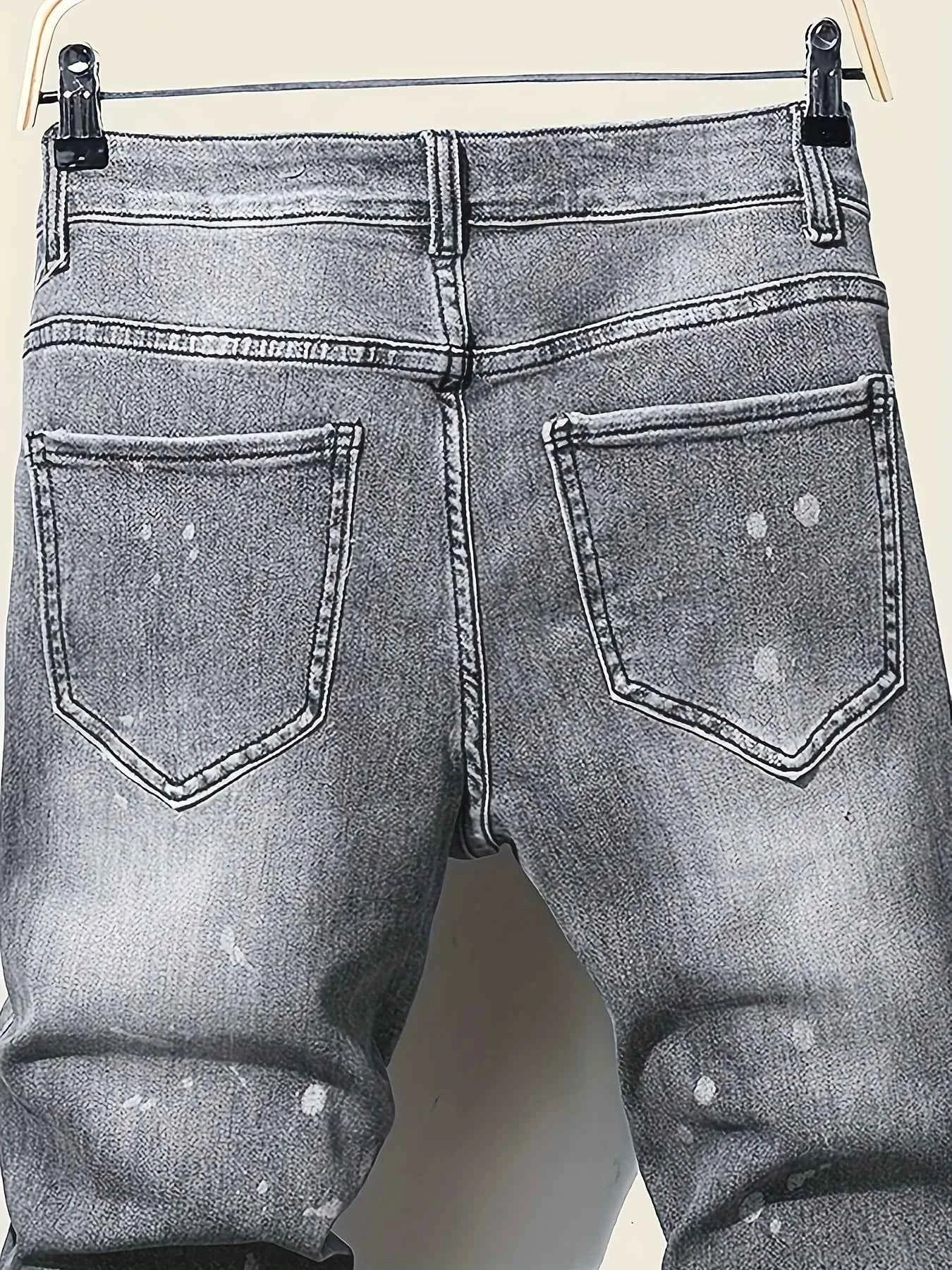 Men's slim fit ripped long denim pants, tight jeans with pockets, side straps, and zippers, men's jogging pants, ripped stretch