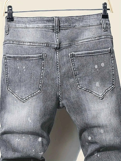 Men's slim fit ripped long denim pants, tight jeans with pockets, side straps, and zippers, men's jogging pants, ripped stretch