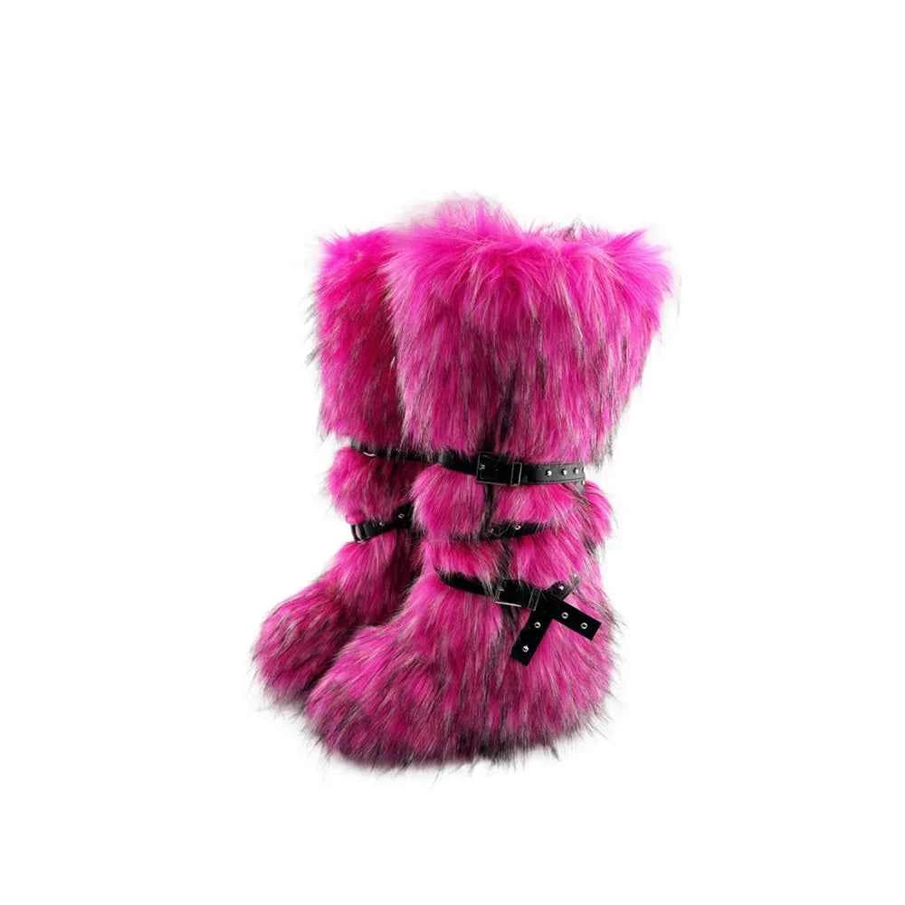 Ladies Faux Fur Knee High Wedge Platform Boots Popular Brown Spice Girl Cross Belt Buckle Winter New Snow Boots For Women