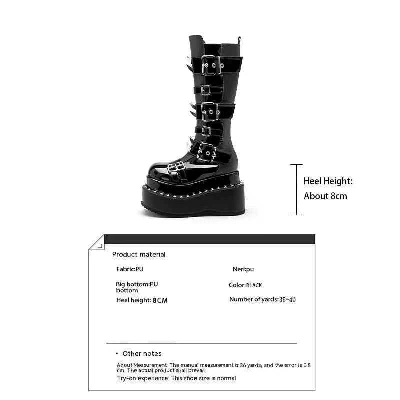 Belt Buckle Spike Rivet Platform Motorcycle Boots Round Toe Thick Sole Side Zipper Punk Knee High Boots Heavy Work Gothic Style