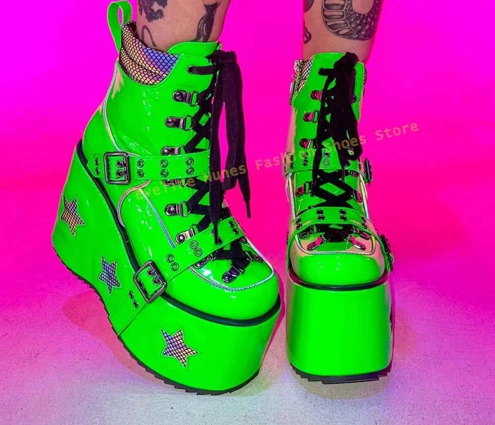 Green Spaced Out Platform Boots Round Toe Wedge Belt Buckle Lace Up Patchwork Women Cyberpunk Boots Gothic Style Y2K Shoes 2025