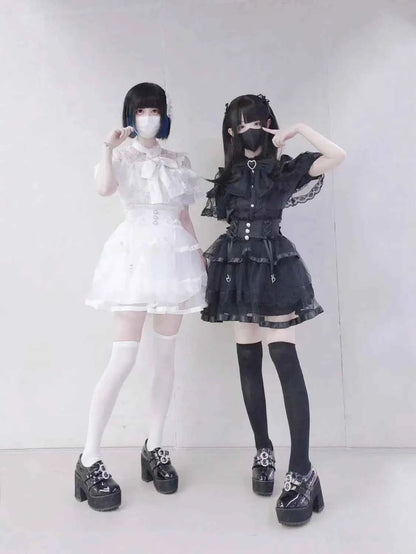 Japanese Kawaii Lolita Lace Patchwork Blouses Summer Women Harajuku Single Breasted Sweet Shirts Summer Girly JK Bow Tops Blusas