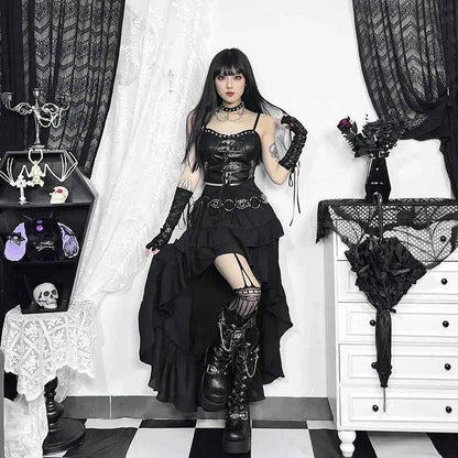 Goth Dark Kawaii Black Tiered Skirts 90S Retro Irregular Hem Party Bottoms Mall Gothic Women Fashion Dragging Skirt Alt Clothing