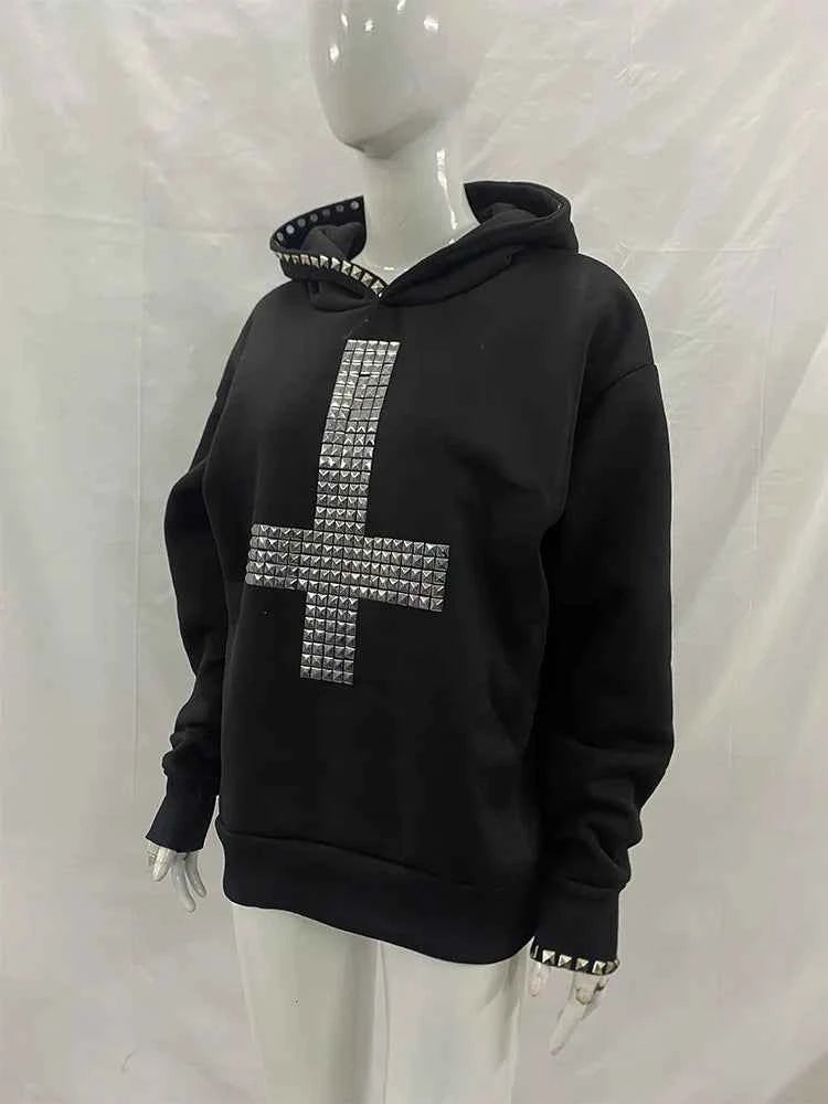 Winter Women's Studded Cross Hoodie | Gothic Streetwear | MUNSIEUR