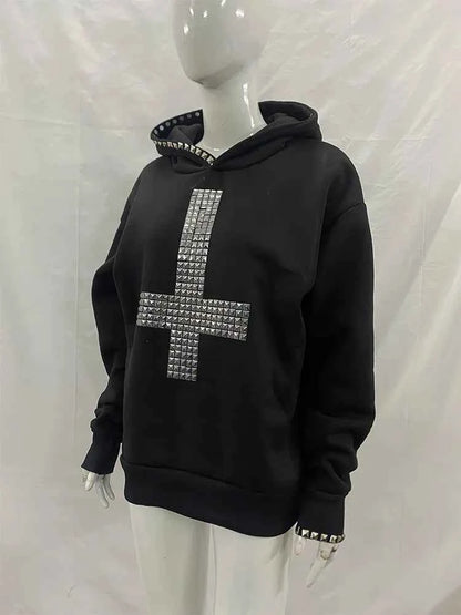 Winter Women's Studded Cross Hoodie | Gothic Streetwear | MUNSIEUR