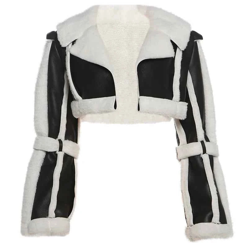 Weird Puss Furry Patchwork Women Crop Jacket Hipster Full Sleeve Open Stitch Hipster Streetwear Warm Outwear Basic Wild Coat