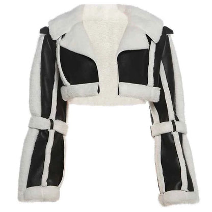 Weird Puss Furry Patchwork Women Crop Jacket Hipster Full Sleeve Open Stitch Hipster Streetwear Warm Outwear Basic Wild Coat
