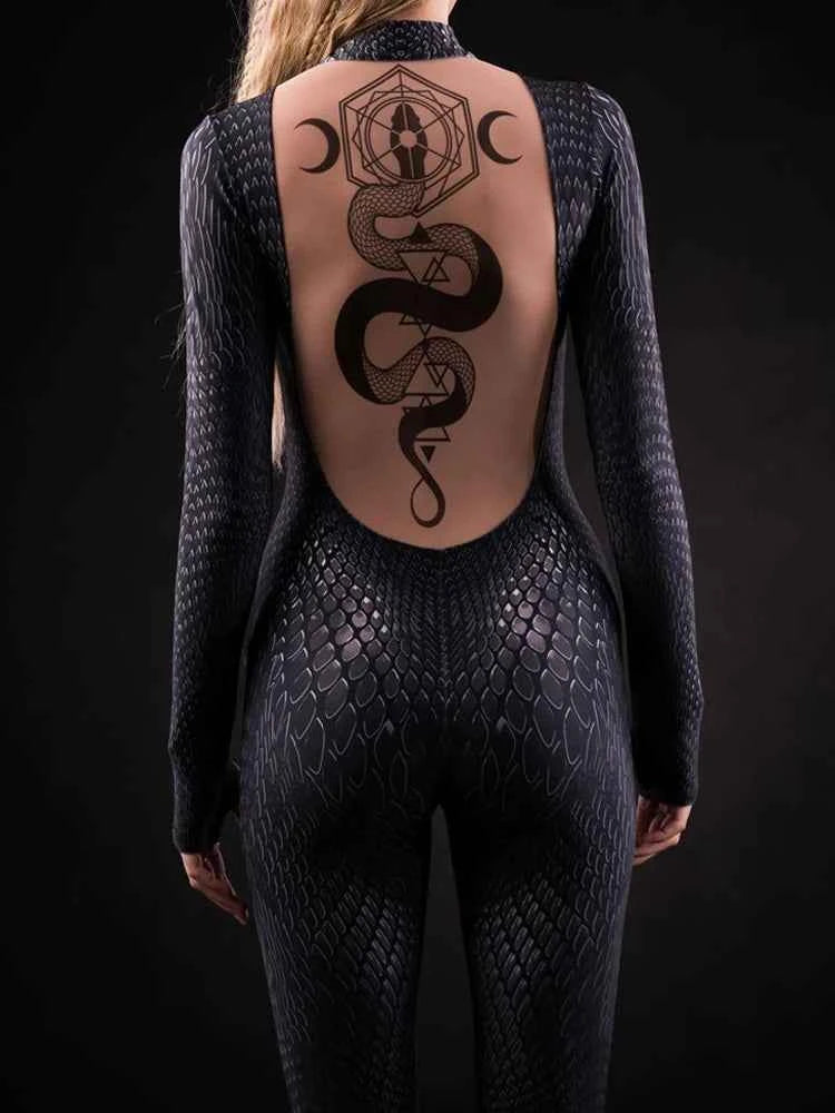 Black Snake Jumpsuit Women Sexy Zentai Suit Gothic Morphsuit Animal Bodysuits Women Rave Costume Halloween Festival Party Outfit