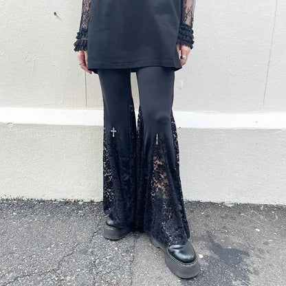 Goth Mall Flare Pants Sexy Black Lace Patchwork High Waist Vintage Harajuku Hippie Punk Grunge Streetwear  Y2k Pants