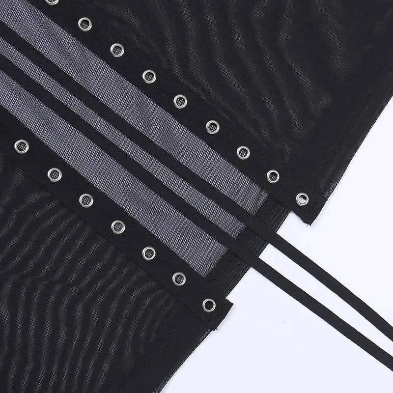 Goth Mesh Perspective Side Slit Skirt Lace Up Dark Punk Gothic Faldas Feminino Thin Summer Aesthetical