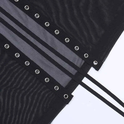 Goth Mesh Perspective Side Slit Skirt Lace Up Dark Punk Gothic Faldas Feminino Thin Summer Aesthetical
