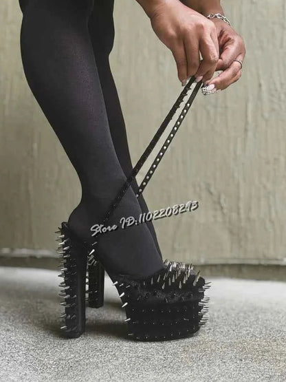 Sexy Spikes Square Toe Pumps Rivet Buckle Straps Chunky High Heel Suede Shallow Cross-tied Punk Shoes 2025 New Fashion Women