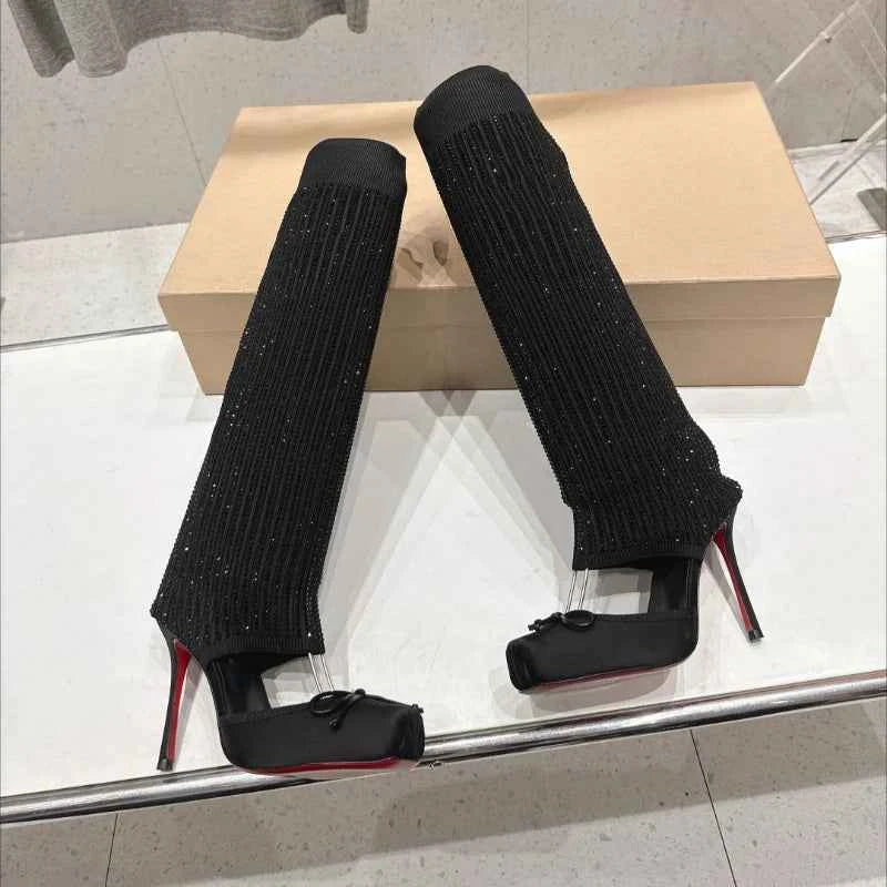 European AndAmerican Sexyrhinestone Elasticsocks Withsleeves Andknee Lengthcool Boots Forwomen's Fashion Shows and Banquet Shoes