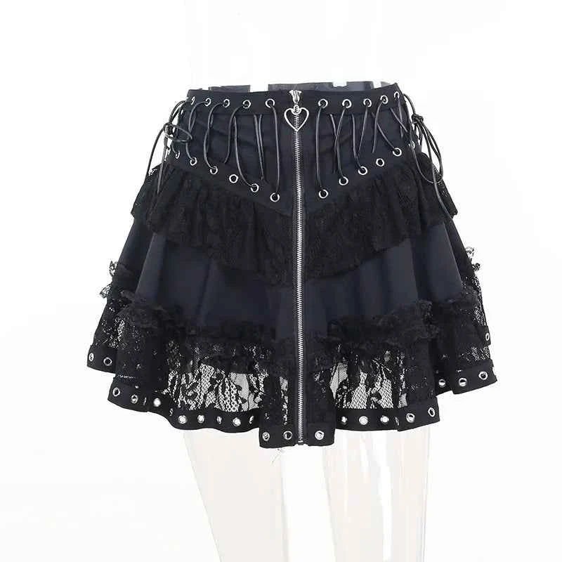 Women's Punk Vintage High Wasit Skirt Zipper Front Japanese Style Kawaii Black Harajuku Gothic Skater Cosplay Mini Skirts