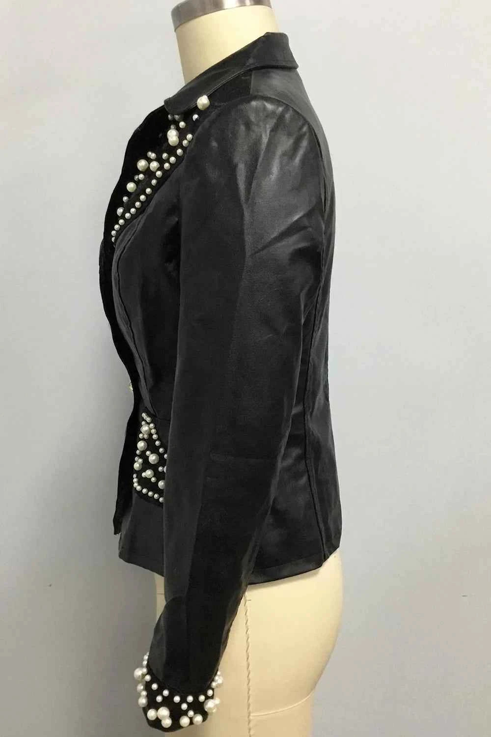 Women Pearl Decoration PU Leather Jacket Turn Down Collar Elegant Single Breasted Long Sleeve Casual Hip Hops Faux Leather Coat