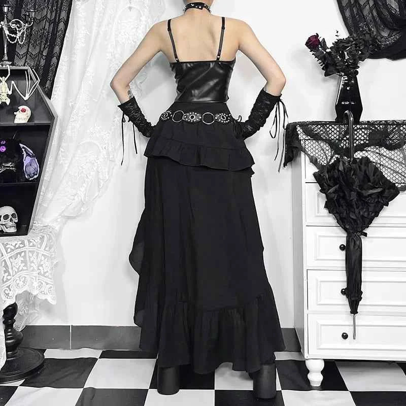 Goth Dark Kawaii Black Tiered Skirts 90S Retro Irregular Hem Party Bottoms Mall Gothic Women Fashion Dragging Skirt Alt Clothing