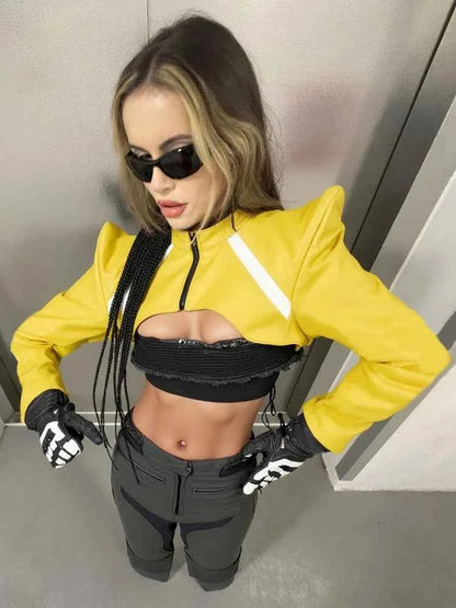 Kliou Horn Design Short Jacket Woman Faux Leather Zip Cardigan Full Sleeve Navel Exposed Hot Girls High Street Style Clothing