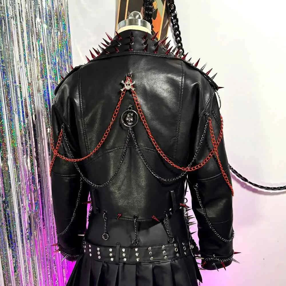 Punk Rock E-Girls Eco Goth Gothic Emo Grunge DIY Harajuku Y2K PU Leather Skull Studded Jacket Vintage Hand Made Studded Rivet