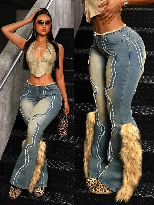 Vintage Fuzzy Patch Fur Trim Flared Denim Jeans for Women, High Waist Stretchy Streetwear