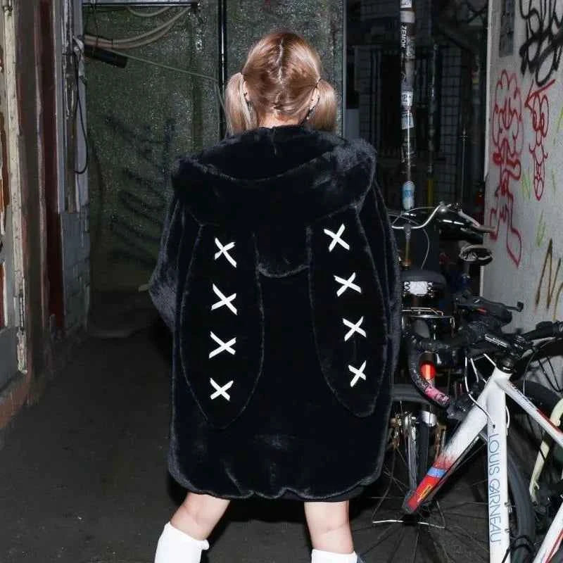 2025 Winter Clothing Women's Jackets Harajuku Rabbit Ears Punk Black Coats Thicked Furry Zipper Oversized Y2k Tops Ropa Mujer