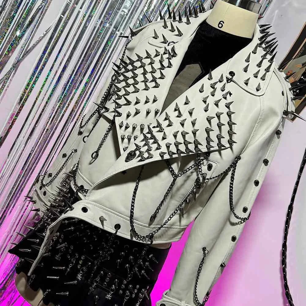 Digital Y2K Vegan Leather Skull Jacket Coat Club Wear Eco Punk Rock E-Girls Emo Hip Hop Harajuku Studded Rivet Gothic Grunge