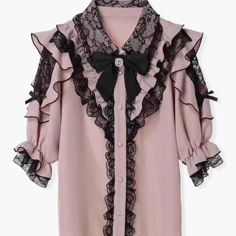 Kawaii Women Shirts Jirai Kei Lolita Y2K Cute Japanese Style Blouse Elegant Long Sleeve Sweet Tops Casual Aesthetic Shirt 2024