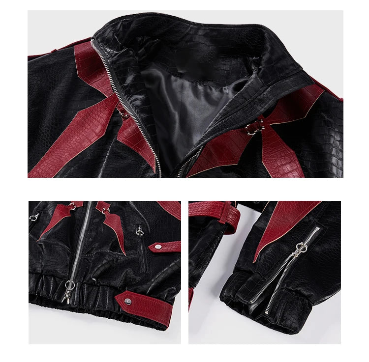 High Quality Crocodile Patchwork Pu Leather Coat Luxury Streetwear Men's Gothic Urban