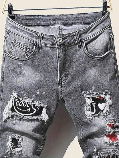 Men's slim fit ripped long denim pants, tight jeans with pockets, side straps, and zippers, men's jogging pants, ripped stretch