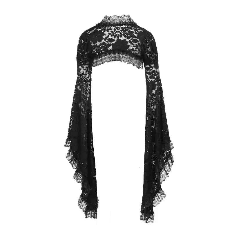 Gothic Classic Lace Cover Ups Women Mesh Crop Top See Through Sexy Flare Sleeve Blouse Y2k Black Rave Outfit Festival