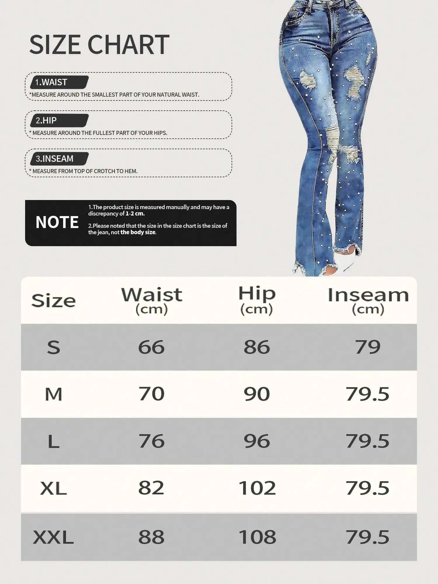 Women's High Waisted Ripped Flared Jeans with Nail Beads, Elastic Denim Pants for Street Style