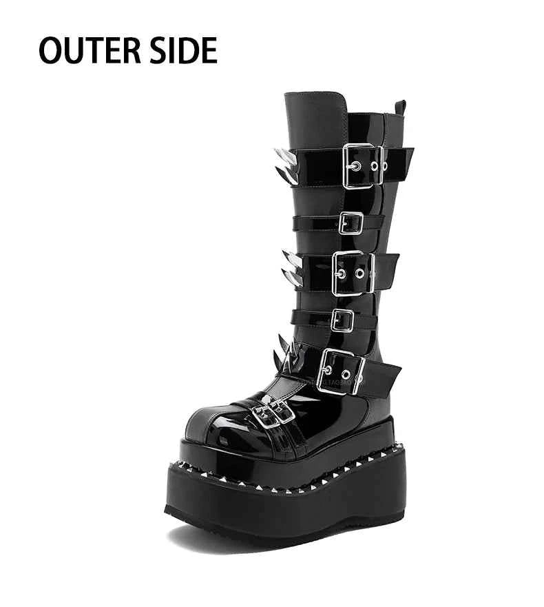 Belt Buckle Spike Rivet Platform Motorcycle Boots Round Toe Thick Sole Side Zipper Punk Knee High Boots Heavy Work Gothic Style