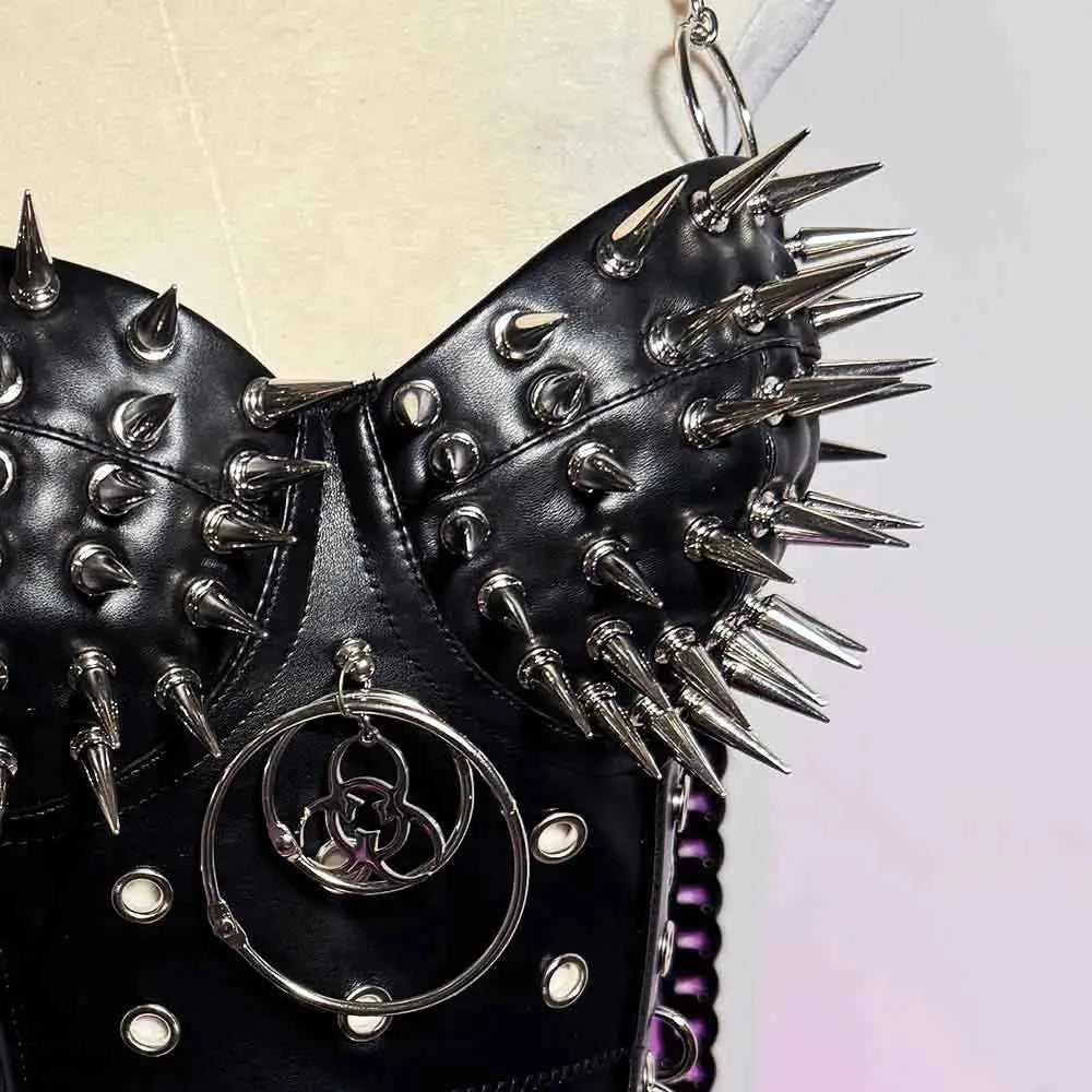 Gothic Emo Punk Woman Top with Spikes Grunge PU Leather Tank Y2K Alternative Clothing Sexy Party Club Wear T-shirt for Women
