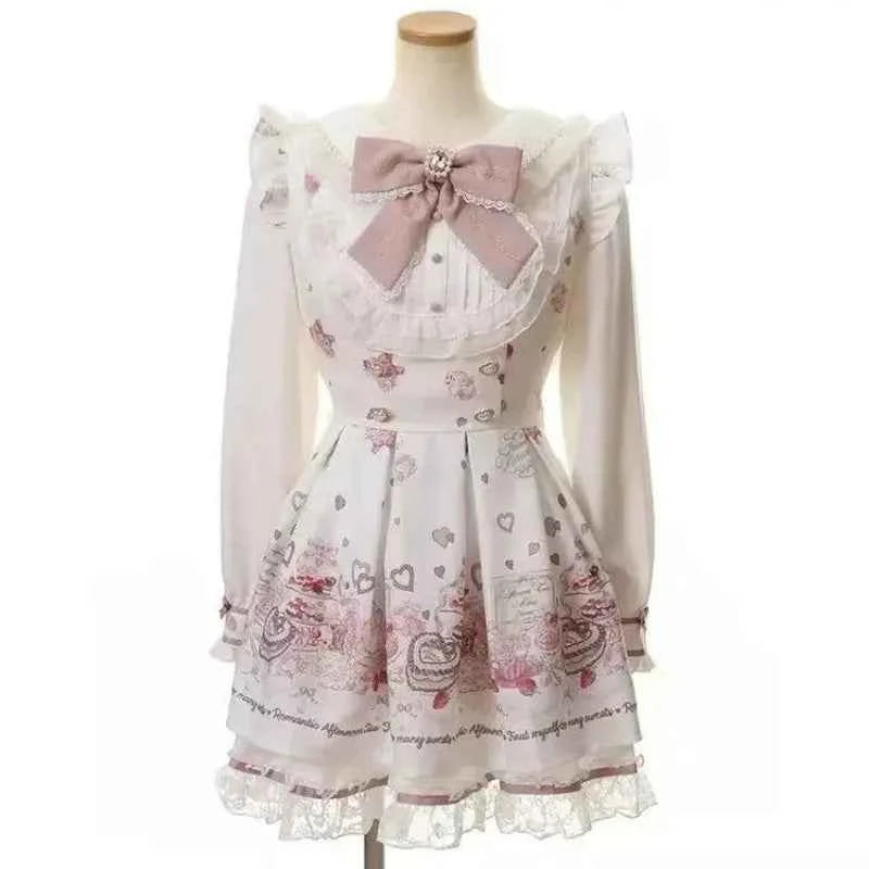 Y2k Aesthetic Lolita Style Bow Dress Shorts Set Japanese Women Gothic Lace Flare Sleeve Button Shirt Dress Punk Party Mini Dress