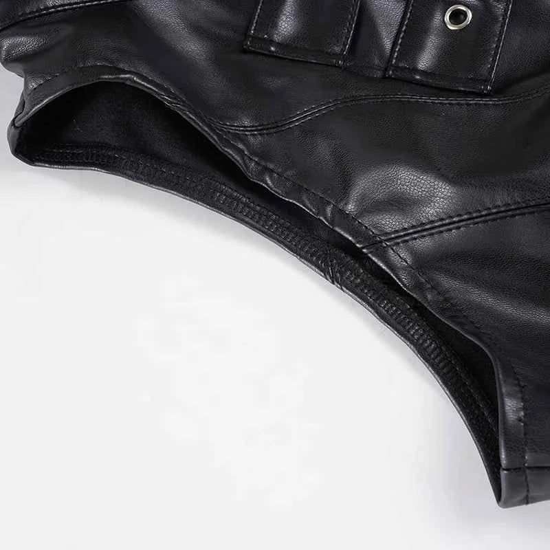 SUCHCUTE Retro Punk Pu Leather Vest With Sleeve Cover Women Gothic Black Sleeveless Turtleneck Top Y2k Metal Decorative Clothing